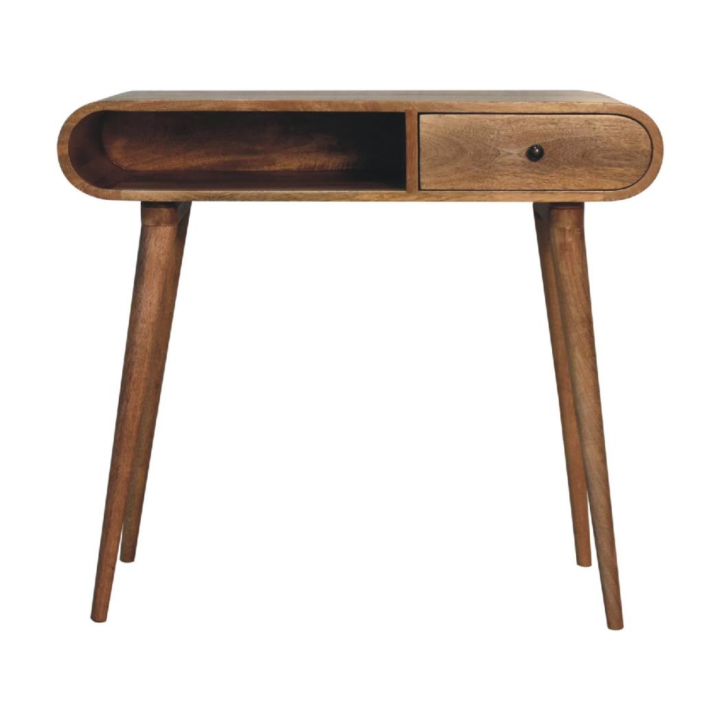 Curved Flow Writing Desk | Solid Mango Wood | Chestnut Finish | 1 Drawer Home Office Desk