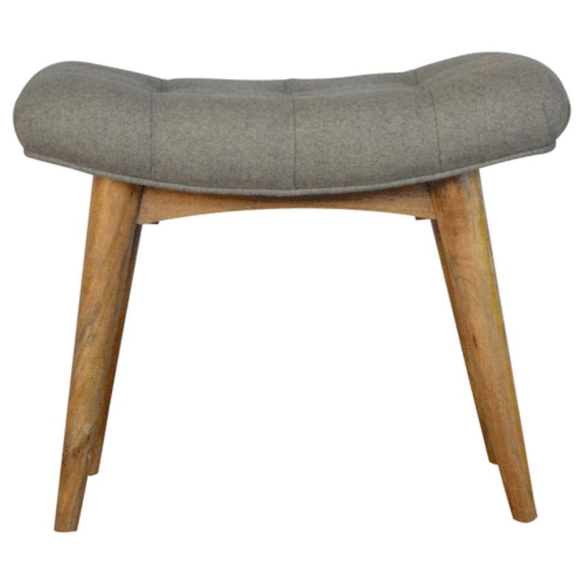 Curved Grey Tweed Footstool Bench | Solid Mango Wood | Oak-Style Legs