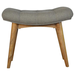 Curved Grey Tweed Footstool Bench | Solid Mango Wood | Oak-Style Legs