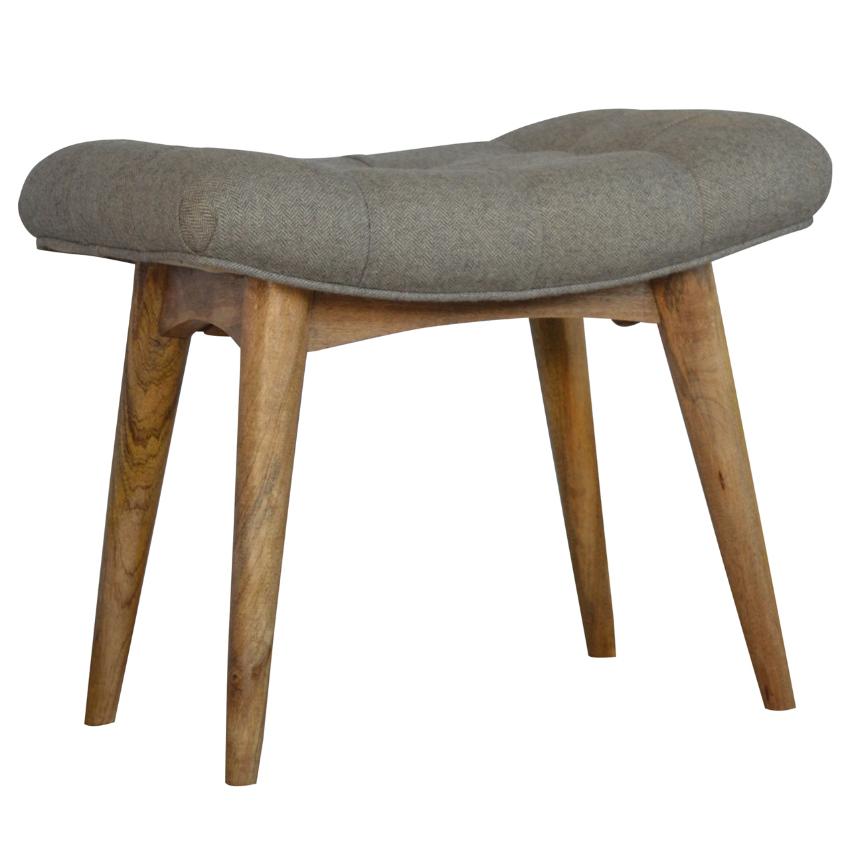 Curved Grey Tweed Footstool Bench | Solid Mango Wood | Oak-Style Legs