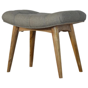 Curved Grey Tweed Footstool Bench | Solid Mango Wood | Oak-Style Legs