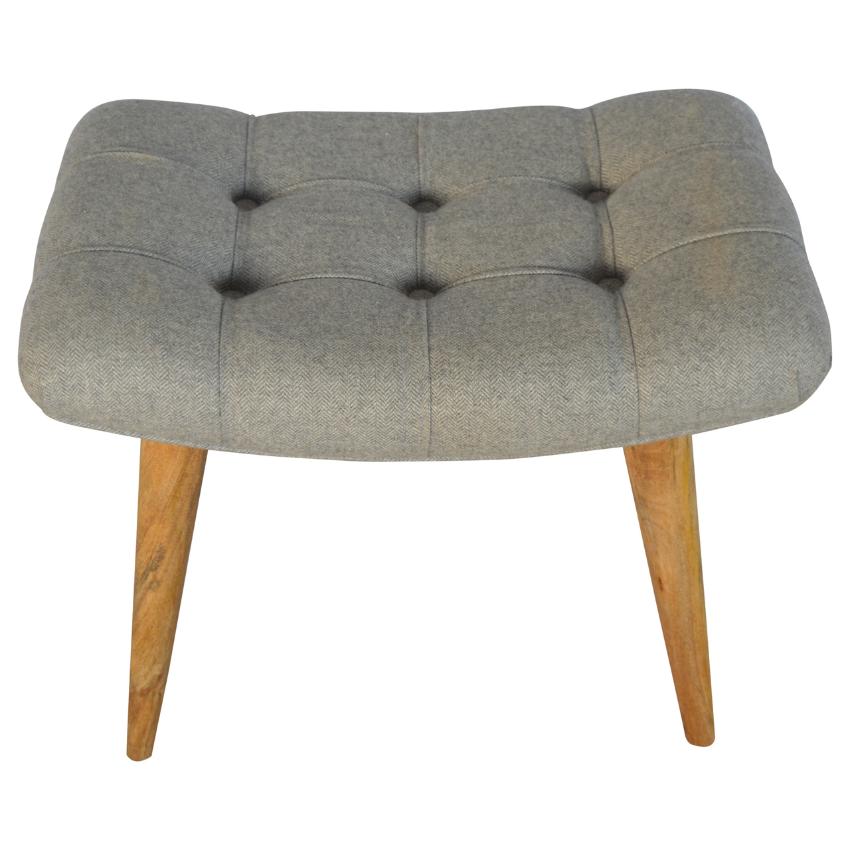Curved Grey Tweed Footstool Bench | Solid Mango Wood | Oak-Style Legs