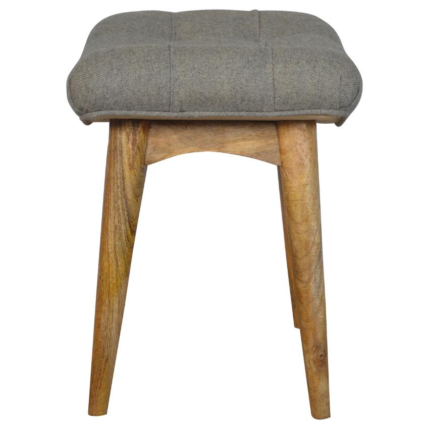 Curved Grey Tweed Footstool Bench | Solid Mango Wood | Oak-Style Legs