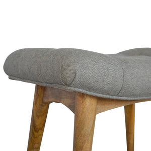 Curved Grey Tweed Footstool Bench | Solid Mango Wood | Oak-Style Legs