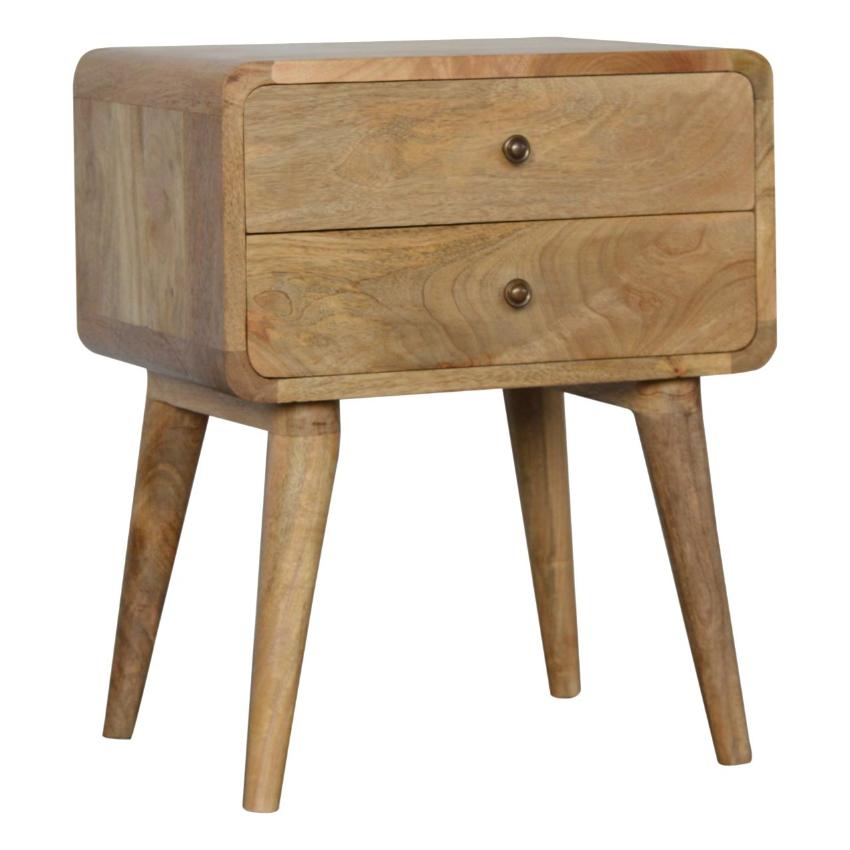 Curved Mango Wood Bedside Table | Oak-Inspired Finish | 2 Drawers