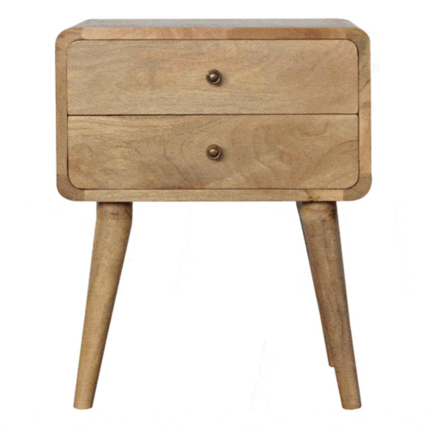 Curved Mango Wood Bedside Table | Oak-Inspired Finish | 2 Drawers