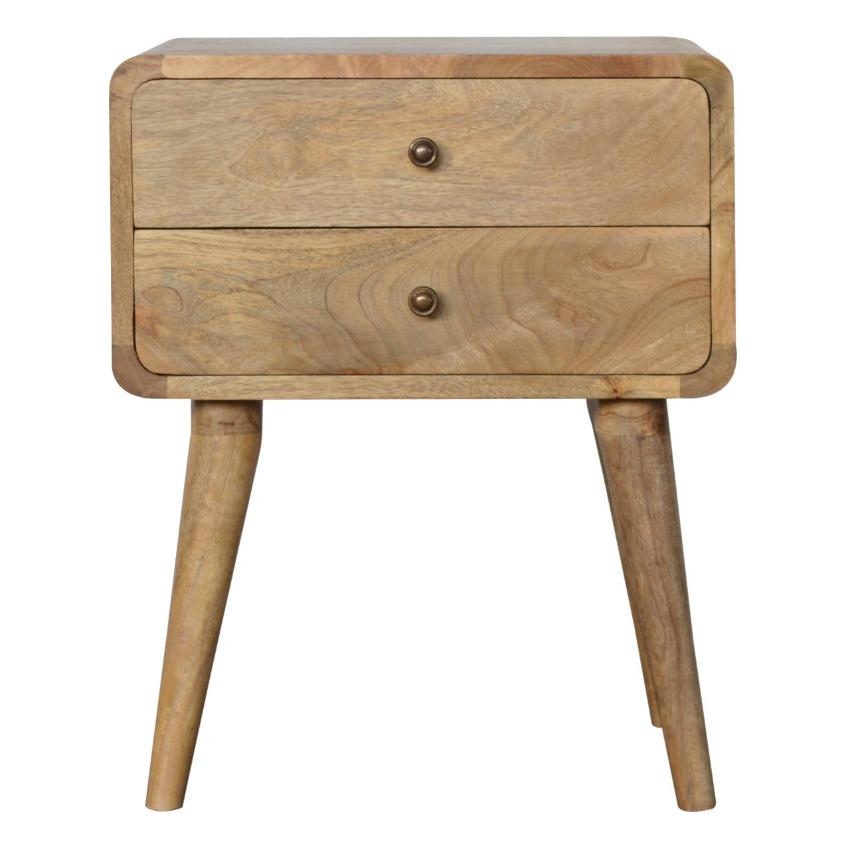 Curved Mango Wood Bedside Table | Oak-Inspired Finish | 2 Drawers