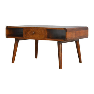 Curved Mango Wood Coffee Table | 2 Drawers | Chestnut Finish