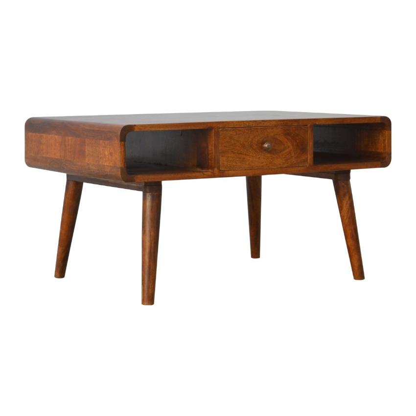 Curved Mango Wood Coffee Table | 2 Drawers | Chestnut Finish