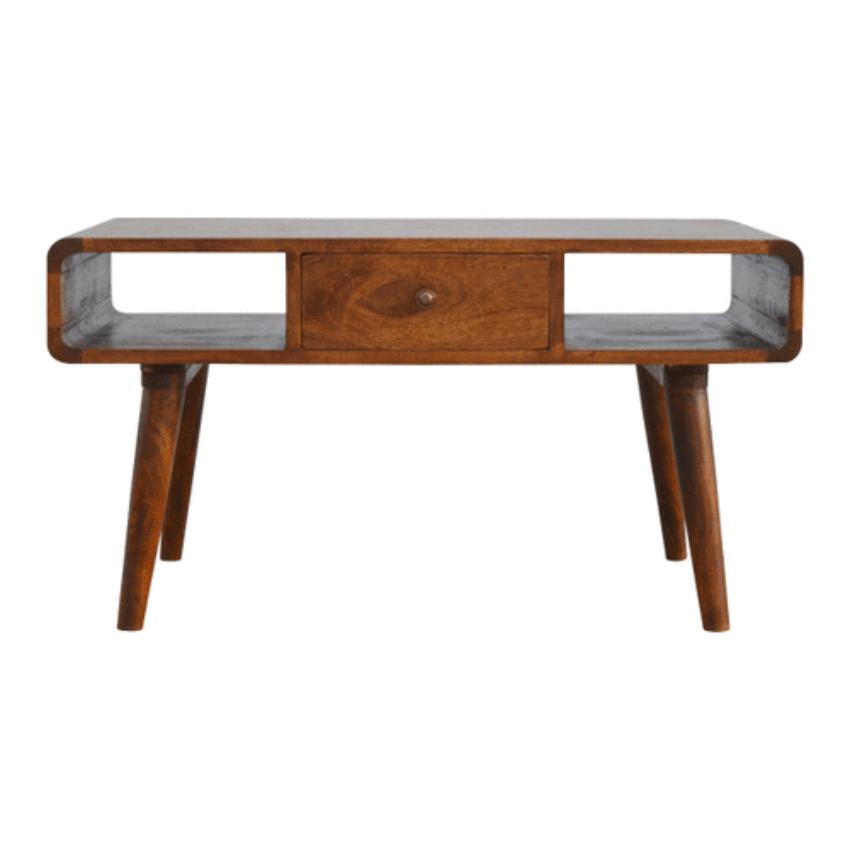 Curved Mango Wood Coffee Table | 2 Drawers | Chestnut Finish