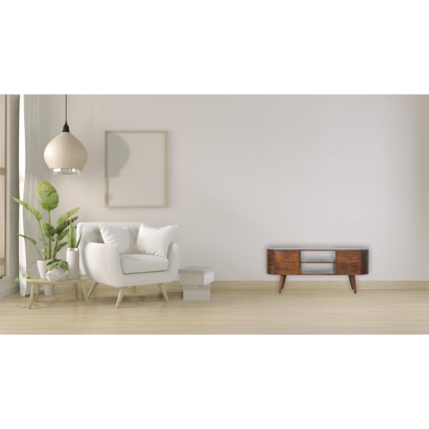 Curved Mango Wood Entertainment Unit | Chestnut Finish | 4 Drawers & Open Shelves