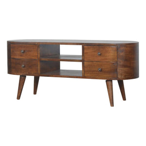 Curved Mango Wood Entertainment Unit | Chestnut Finish | 4 Drawers & Open Shelves
