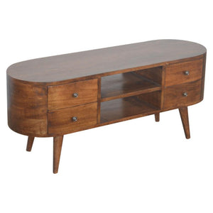 Curved Mango Wood Entertainment Unit | Chestnut Finish | 4 Drawers & Open Shelves