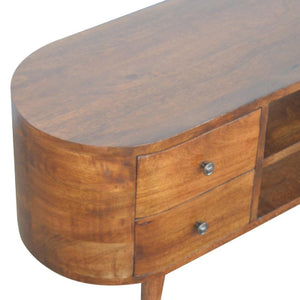 Curved Mango Wood Entertainment Unit | Chestnut Finish | 4 Drawers & Open Shelves