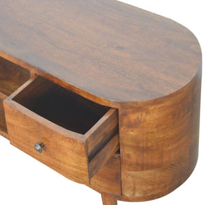 Curved Mango Wood Entertainment Unit | Chestnut Finish | 4 Drawers & Open Shelves