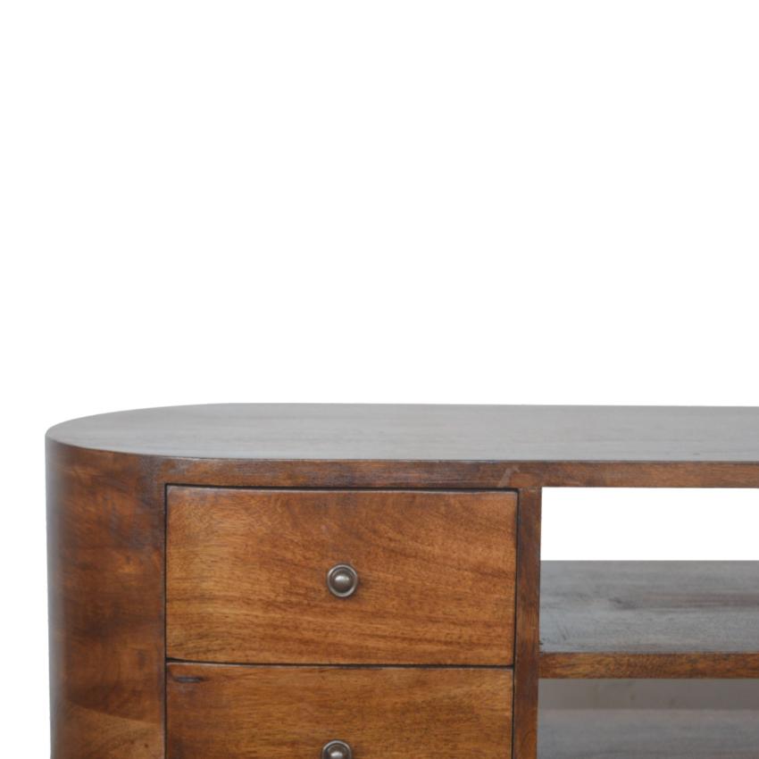 Curved Mango Wood Entertainment Unit | Chestnut Finish | 4 Drawers & Open Shelves