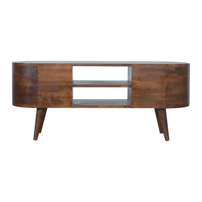 Curved Mango Wood Entertainment Unit | Chestnut Finish | 4 Drawers & Open Shelves