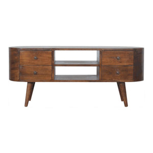 Curved Mango Wood Entertainment Unit | Chestnut Finish | 4 Drawers & Open Shelves