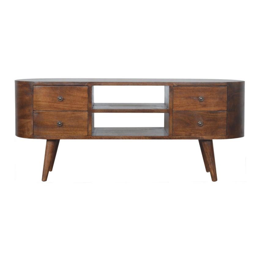 Curved Mango Wood Entertainment Unit | Chestnut Finish | 4 Drawers & Open Shelves