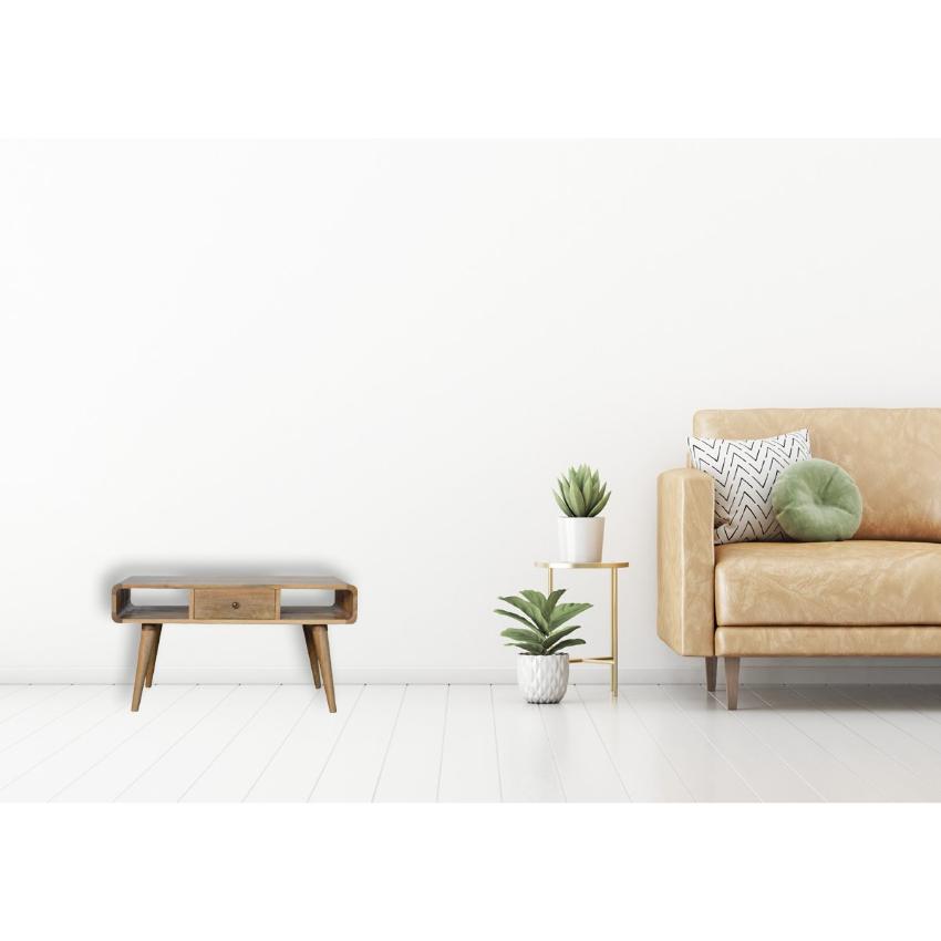 Curved Oak Finish Coffee Table | 2 Drawers | Solid Mango Wood