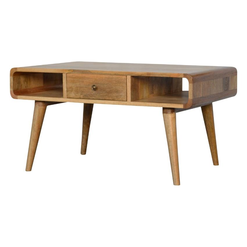 Curved Oak Finish Coffee Table | 2 Drawers | Solid Mango Wood