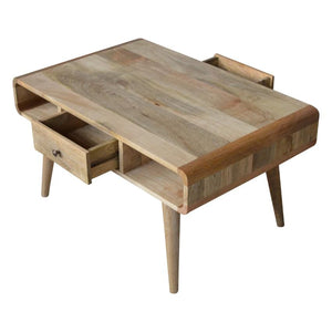 Curved Oak Finish Coffee Table | 2 Drawers | Solid Mango Wood