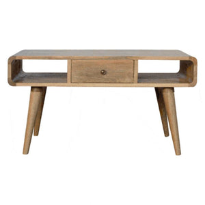 Curved Oak Finish Coffee Table | 2 Drawers | Solid Mango Wood