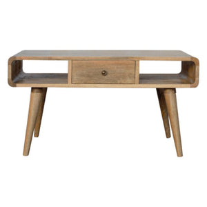 Curved Oak Finish Coffee Table | 2 Drawers | Solid Mango Wood