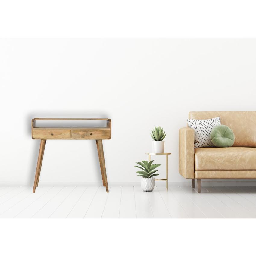 Curved Oak Finish Console Table | 2 Drawers | Solid Mango Wood