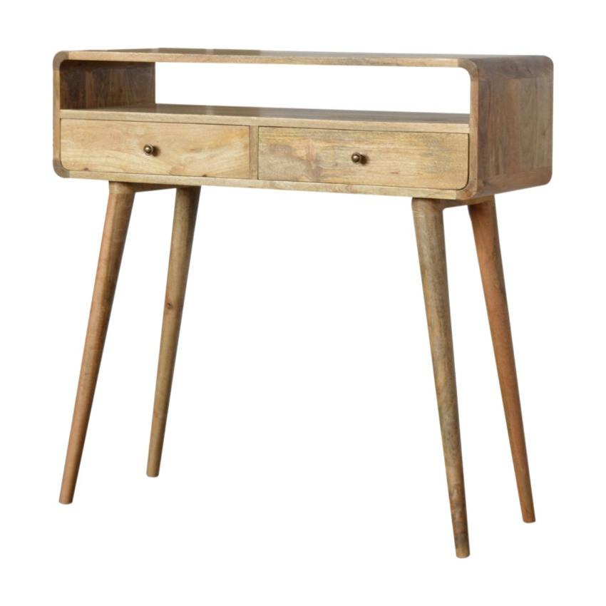 Curved Oak Finish Console Table | 2 Drawers | Solid Mango Wood
