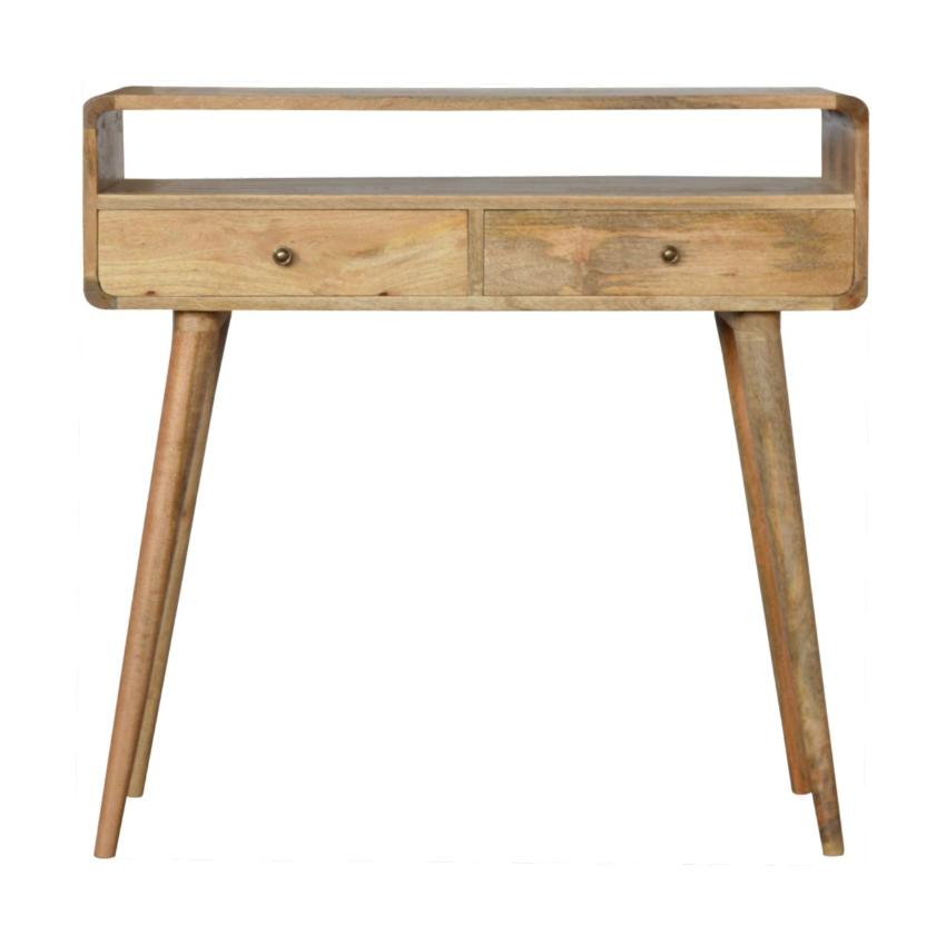 Curved Oak Finish Console Table | 2 Drawers | Solid Mango Wood