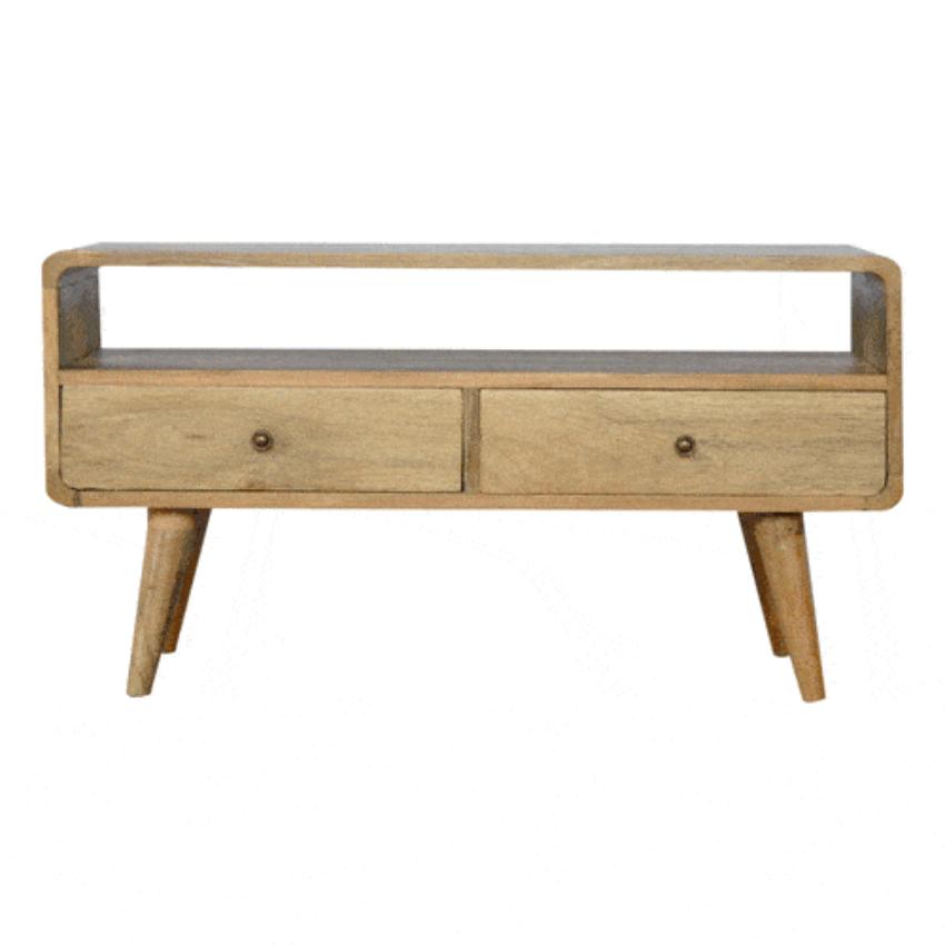 Curved Oak Finish Media Unit | 2 Drawers | Solid Mango Wood