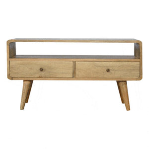 Curved Oak Finish Media Unit | 2 Drawers | Solid Mango Wood
