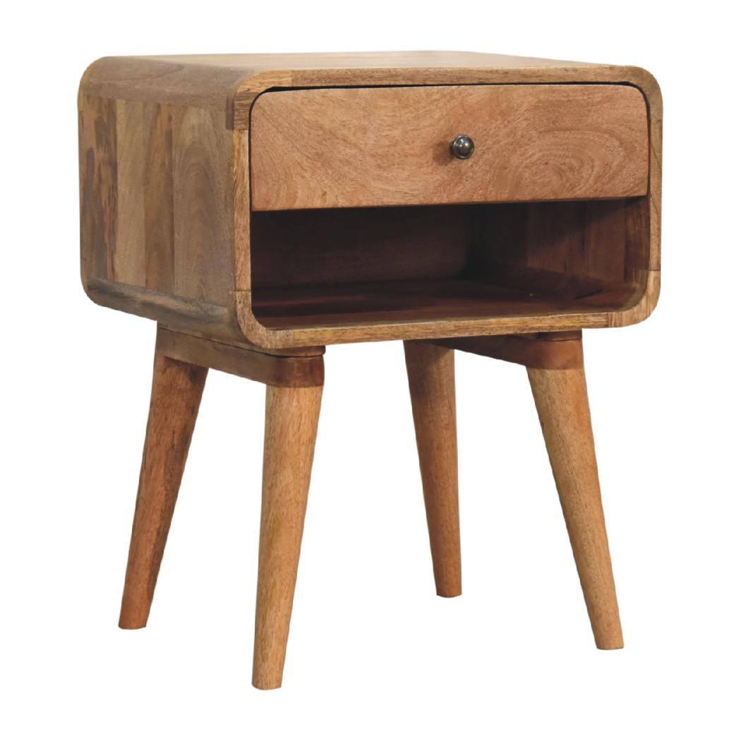 Curved Oak Open Bedside Table | Solid Mango Wood | Oak Finish | 1 Drawer Nightstand