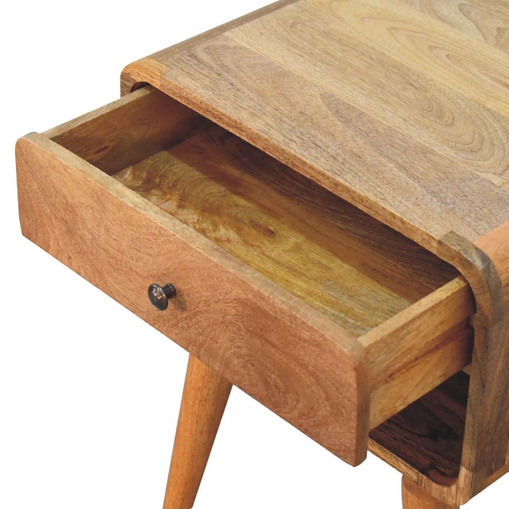 Curved Oak Open Bedside Table | Solid Mango Wood | Oak Finish | 1 Drawer Nightstand