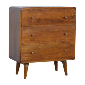 Curved Three-Drawer Chest | Solid Mango Wood | Chestnut Finish