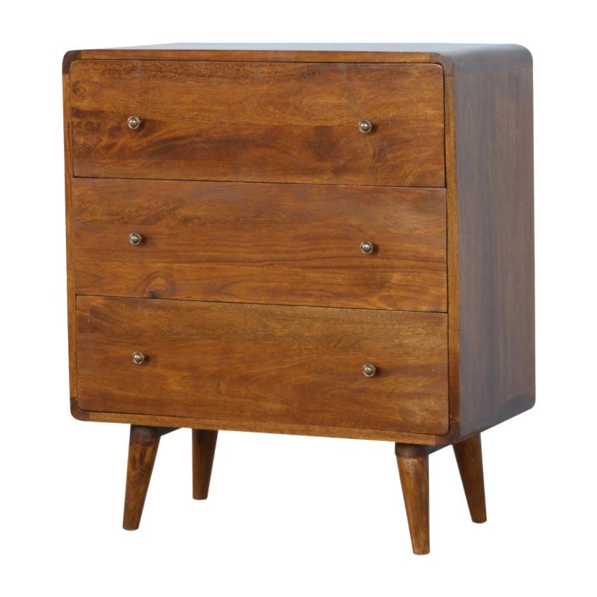 Curved Three-Drawer Chest | Solid Mango Wood | Chestnut Finish