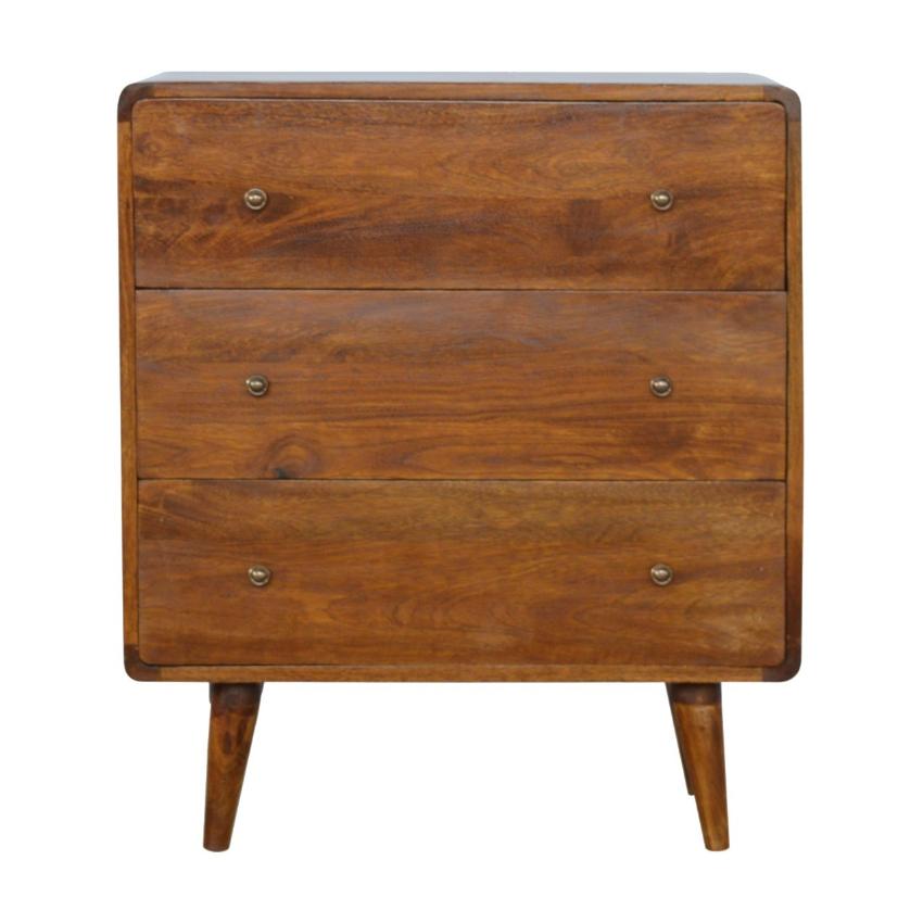 Curved Three-Drawer Chest | Solid Mango Wood | Chestnut Finish