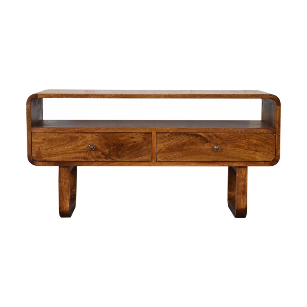Curved U-Shape Media Unit | Solid Mango Wood | Chestnut Finish | 2 Drawers