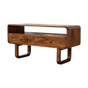 Curved U-Shape Media Unit | Solid Mango Wood | Chestnut Finish | 2 Drawers