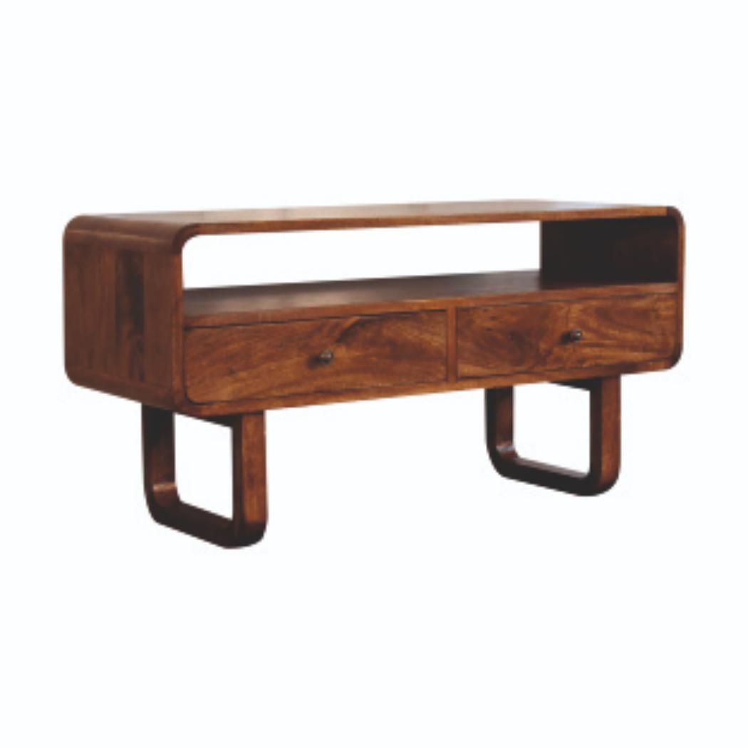 Curved U-Shape Media Unit | Solid Mango Wood | Chestnut Finish | 2 Drawers