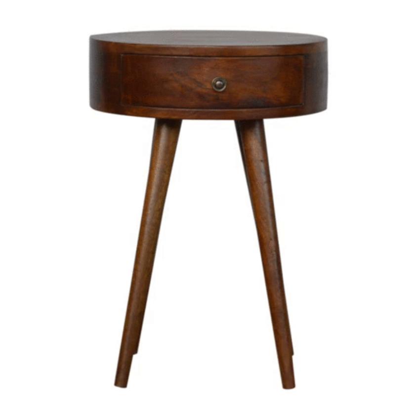 D-Shaped Mango Wood Bedside Table | Chestnut Finish | Single Drawer
