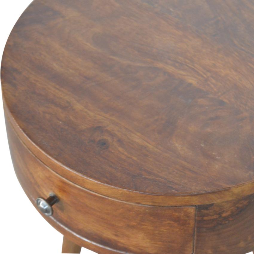 D-Shaped Mango Wood Bedside Table | Chestnut Finish | Single Drawer