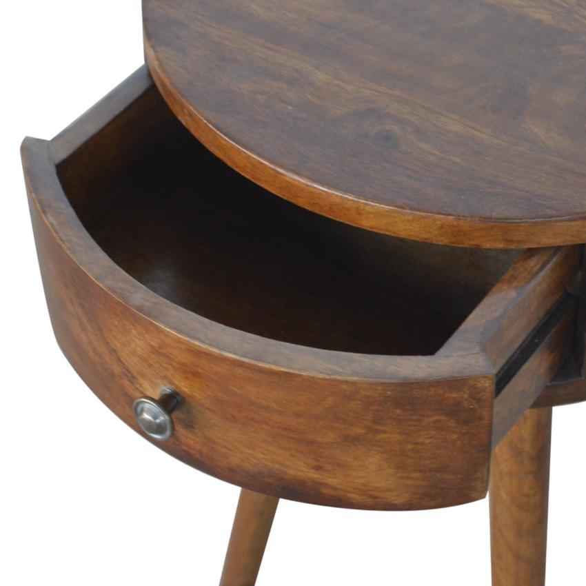 D-Shaped Mango Wood Bedside Table | Chestnut Finish | Single Drawer