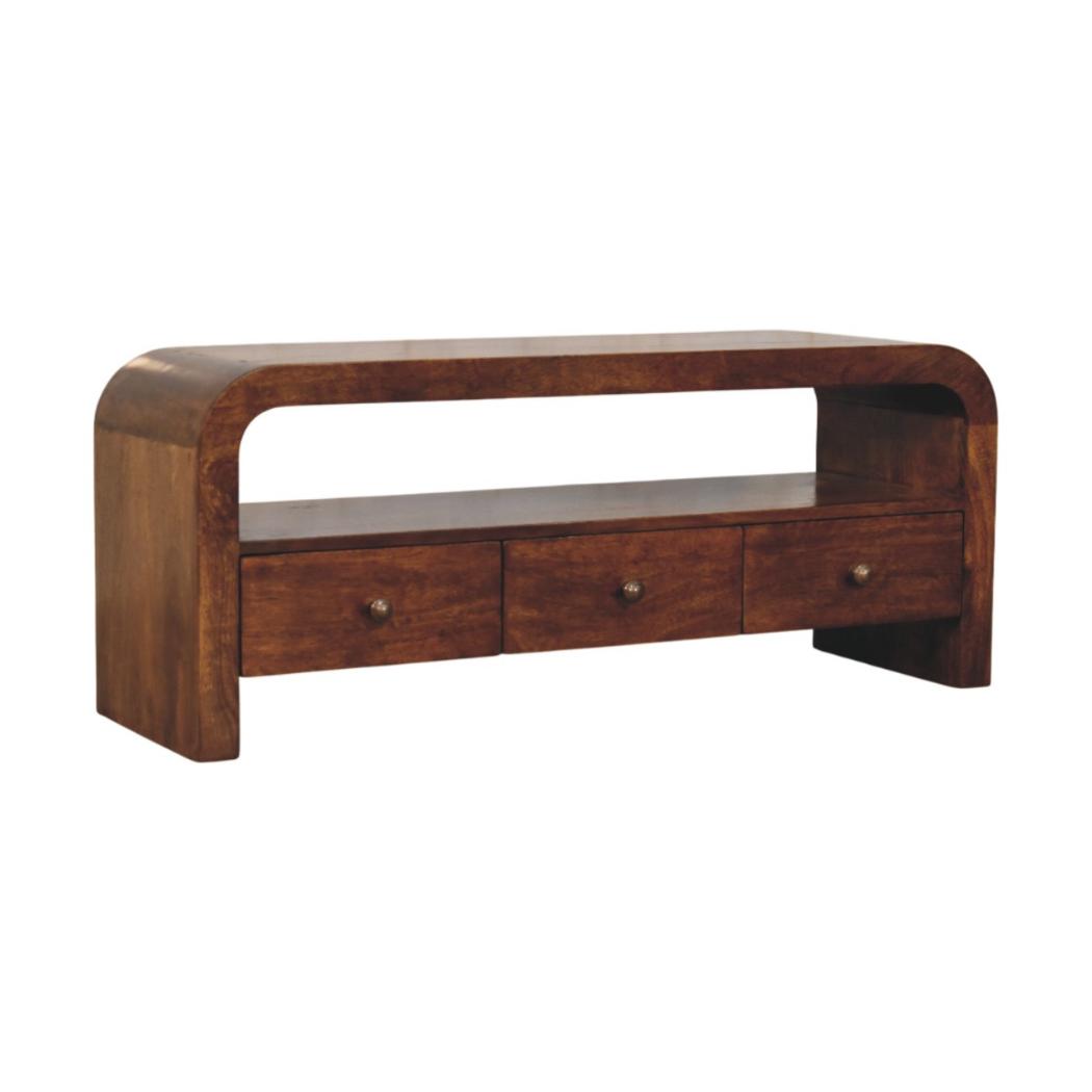 Darcy TV Unit | Solid Mango Wood | Chestnut Finish | 3 Drawers & Open Shelf