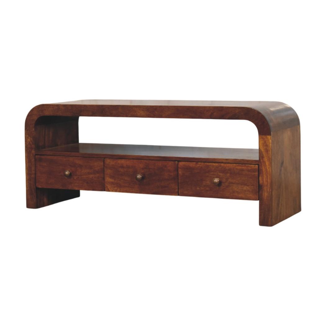 Darcy TV Unit | Solid Mango Wood | Chestnut Finish | 3 Drawers & Open Shelf