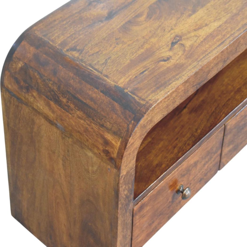 Darcy TV Unit | Solid Mango Wood | Chestnut Finish | 3 Drawers & Open Shelf