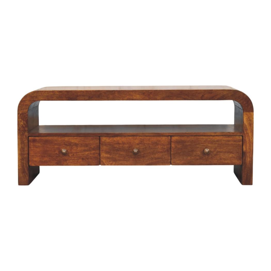 Darcy TV Unit | Solid Mango Wood | Chestnut Finish | 3 Drawers & Open Shelf