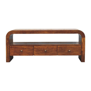 Darcy TV Unit | Solid Mango Wood | Chestnut Finish | 3 Drawers & Open Shelf