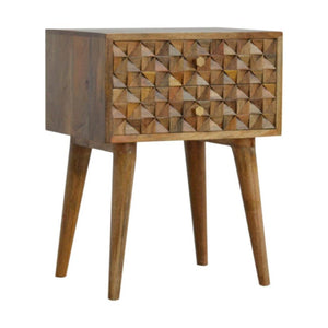 Diamond Carved 2 Drawer Bedside Table | Geometric Detail | Bedroom Storage